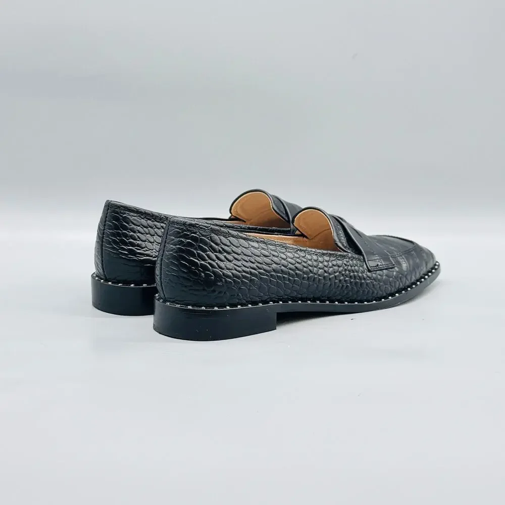 Something Navy Shoes Womens 9 Black Leather Penny Loafer Flats Croc Embossed